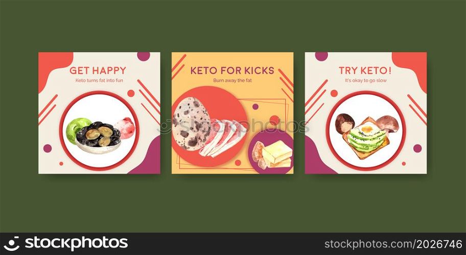 Advertise template with ketogenic diet concept for marketing and ads watercolor vector illustration.