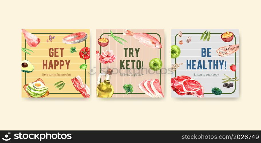 Advertise template with ketogenic diet concept for marketing and ads watercolor vector illustration.