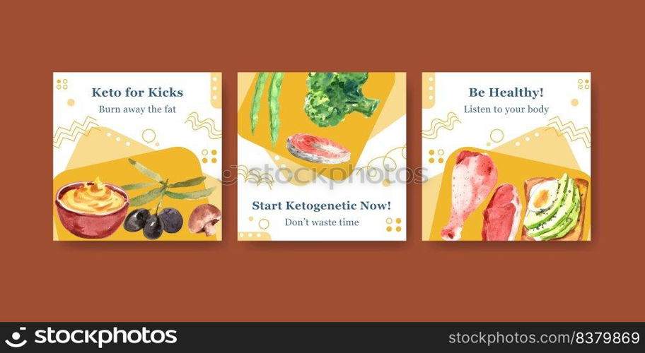 Advertise template with ketogenic diet concept for marketing and ads watercolor vector illustration. 