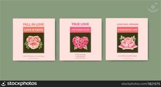 Advertise template with love blooming concept design for business and marketing watercolor vector illustration