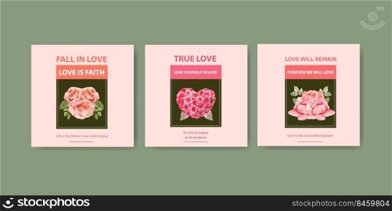 Advertise template with love blooming concept design for business and marketing watercolor vector illustration 