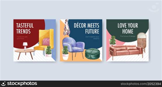 Advertise template with luxury furniture concept design marketing watercolor vector illustration