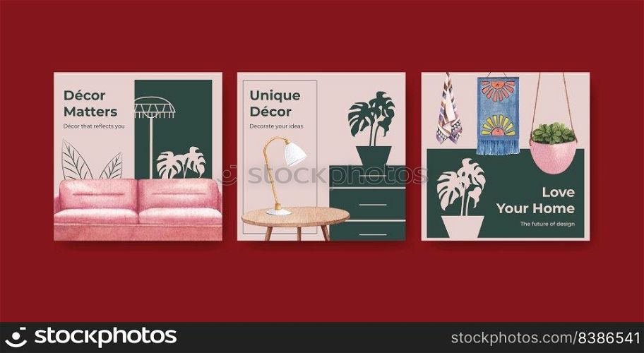 Advertise template with luxury furniture concept design marketing watercolor vector illustration
