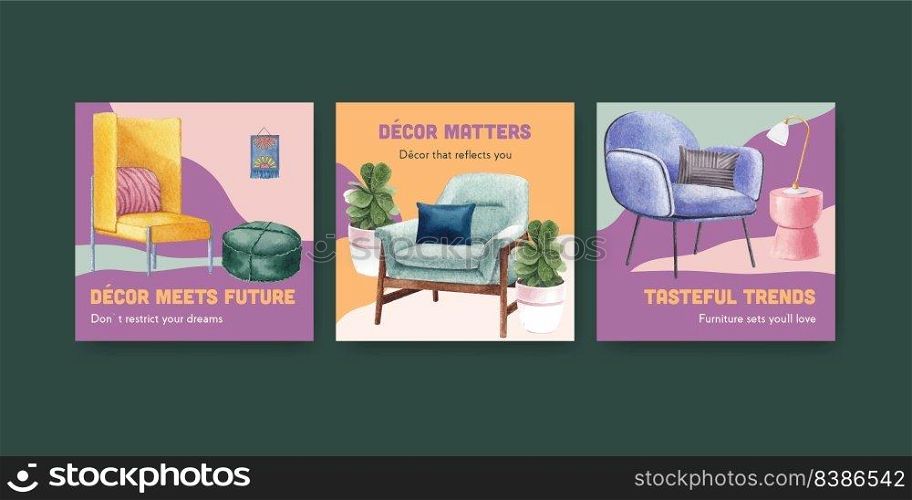 Advertise template with luxury furniture concept design marketing watercolor vector illustration 