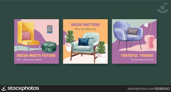 Advertise template with luxury furniture concept design marketing watercolor vector illustration 