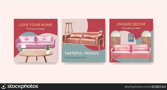 Advertise template with luxury furniture concept design marketing watercolor vector illustration
