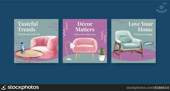 Advertise template with luxury furniture concept design marketing watercolor vector illustration 