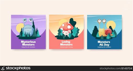 Advertise template with monster concept design watercolor illustration 