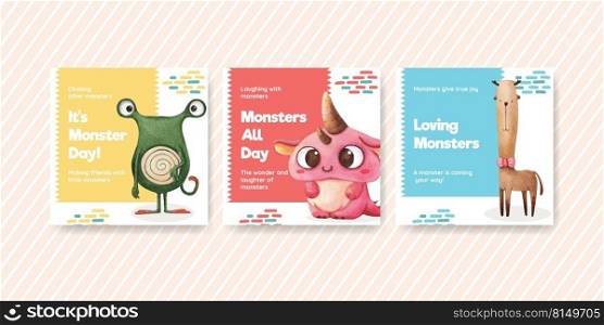 Advertise template with monster concept design watercolor illustration 