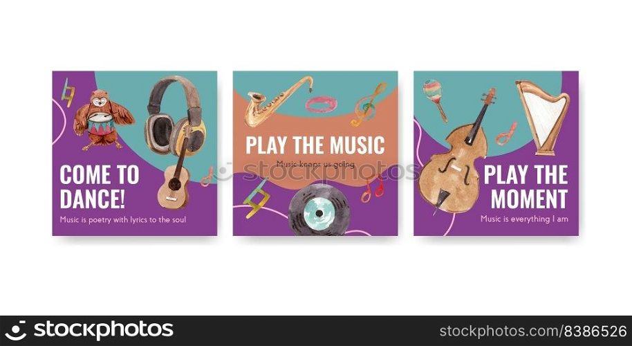 Advertise template with music festival concept design for ads and marketing watercolor vector illustration 