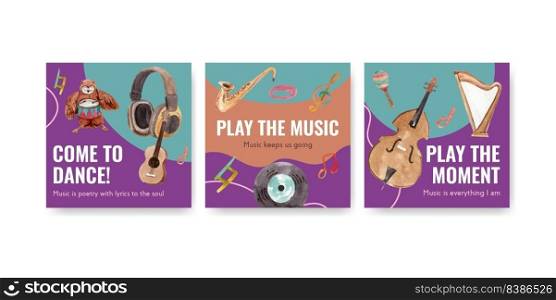Advertise template with music festival concept design for ads and marketing watercolor vector illustration 