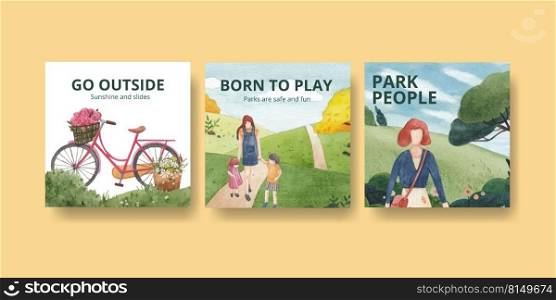 advertise template with park and family concept design watercolor illustration 