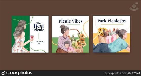 Advertise template with picnic travel concept for marketing watercolor illustration 