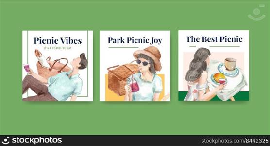 Advertise template with picnic travel concept for marketing watercolor illustration 