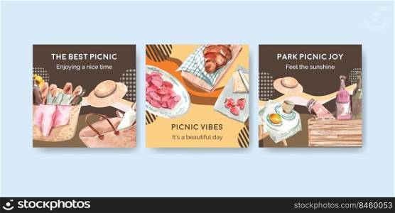 Advertise template with picnic travel concept for marketing watercolor illustration
