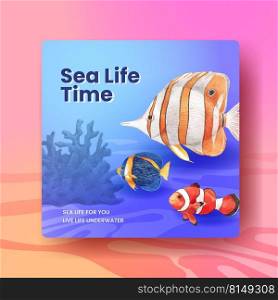 Advertise template with sea life concept design watercolor vector illustration 