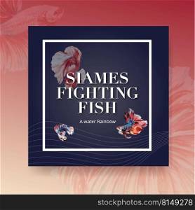 Advertise template with Siames fighting fish concept design for business and marketing watercolor vector illustration 