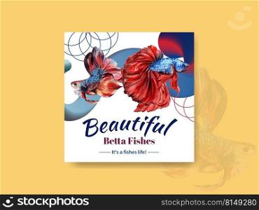 Advertise template with Siames fighting fish concept design for business and marketing watercolor vector illustration 