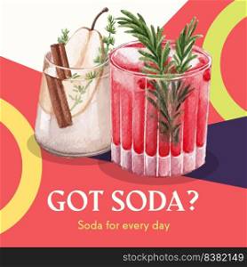 Advertise template with soda drink design for marketing watercolor vector illustration 