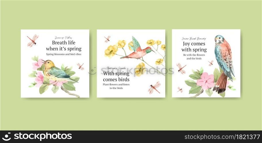 Advertise template with spring and bird concept design for marketing watercolor illustration
