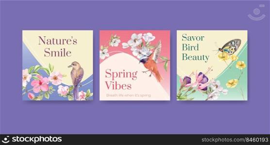Advertise template with spring and bird concept design for marketing watercolor illustration 