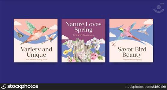 Advertise template with spring and bird concept design for marketing watercolor illustration 