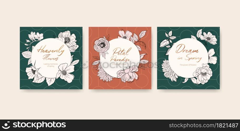 Advertise template with spring line art concept design watercolor illustration