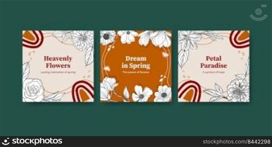 Advertise template with spring line art concept design watercolor illustration 