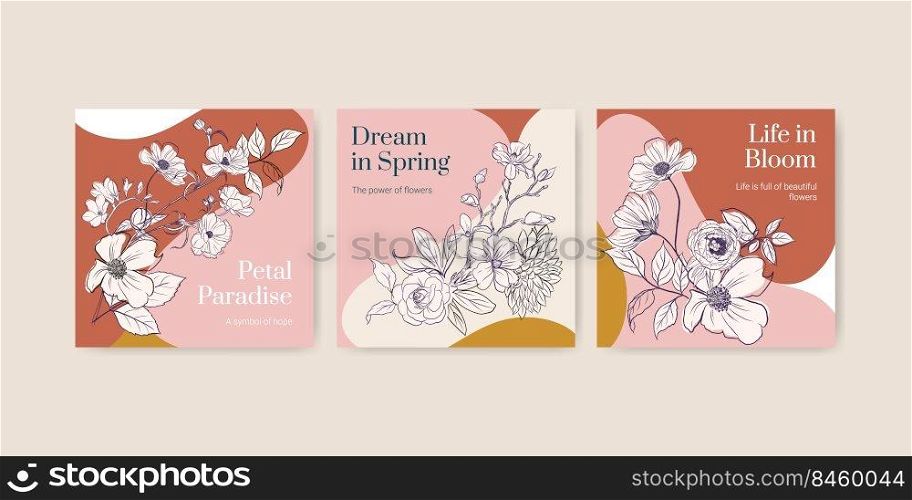 Advertise template with spring line art concept design watercolor illustration 