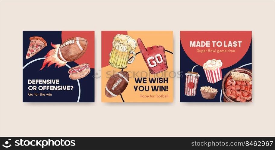 Advertise template with super bowl sport concept design for marketing watercolor vector illustration.
