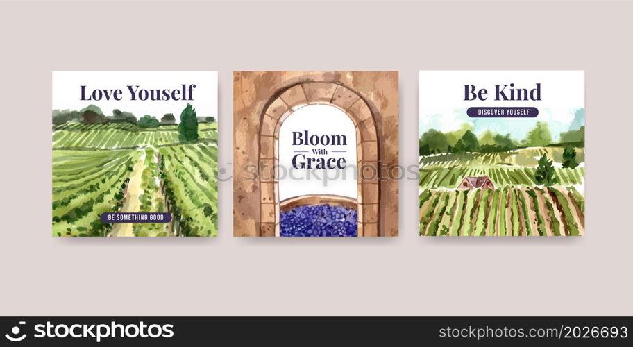 Advertise template with wine farm concept design for marketing watercolor vector illustration.