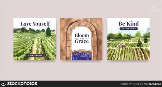 Advertise template with wine farm concept design for marketing watercolor vector illustration.