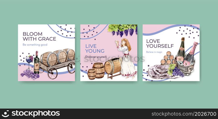 Advertise template with wine farm concept design for marketing watercolor vector illustration.