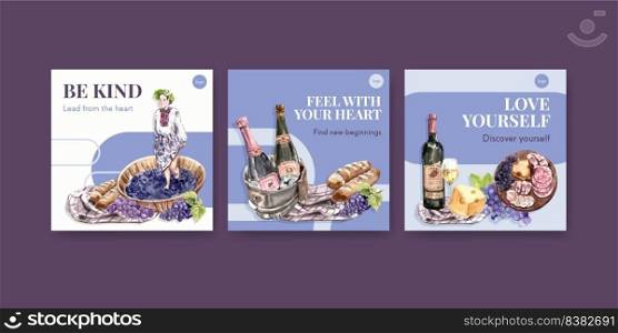 Advertise template with wine farm concept design for marketing watercolor vector illustration.
