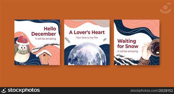 Advertise template with winter love concept design for brochure and marketing watercolor vector illustration