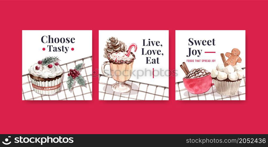 Advertise template with winter sweets concept design for marketing watercolor vector illustration