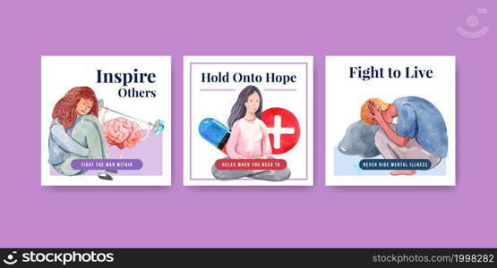 Advertise template with world mental health day concept design for marketing watercolor vector illustration.