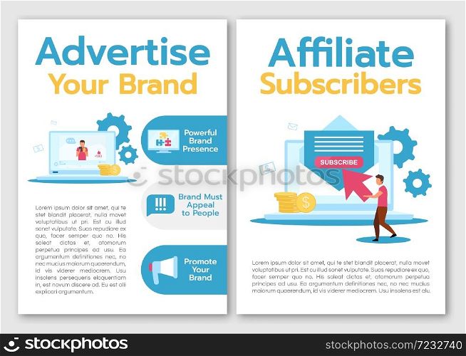 Advertise your brand brochure template. Affiliate subscriobers. Flyer, booklet, leaflet concept with flat illustrations. Vector page cartoon layout for magazine. advertising invitation with text space. Advertise your brand brochure template