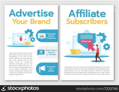 Advertise your brand brochure template. Affiliate subscriobers. Flyer, booklet, leaflet concept with flat illustrations. Vector page cartoon layout for magazine. advertising invitation with text space. Advertise your brand brochure template