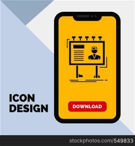 advertisement, advertising, billboard, poster, board Glyph Icon in Mobile for Download Page. Yellow Background. Vector EPS10 Abstract Template background