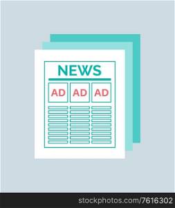Advertisement and advertising of information vector, isolated icon of newspaper with ads. Broadcasting and promotion, print publication, news sectors. Newspaper Advertisement, Page with Ads Tabloid