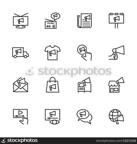 Advertisement and promotion strategy line icon set. Pixel perfect. Editable stroke vector. Isolated at white background
