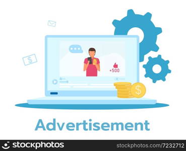Advertisement flat vector illustration. Marketing message. Product, service promotion. Laptop display. E-commerce. Online store, shop. Business model. Isolated cartoon character on white background. Advertisement flat vector illustration
