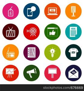 Advertisement icons many colors set isolated on white for digital marketing. Advertisement icons many colors set