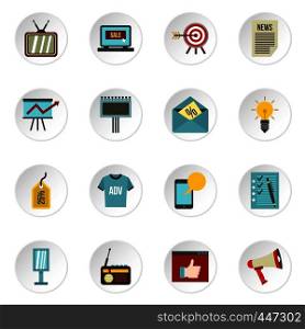 Advertisement icons set in flat style. Marketing set collection vector icons set illustration. Advertisement icons set, flat style
