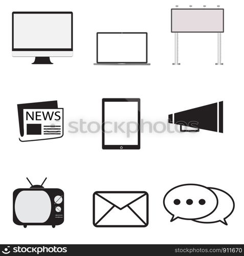 advertisement icons set in trendy flat style on white background. marketing symbol for your web site design, logo, app, UI. media and advertising vector sign.