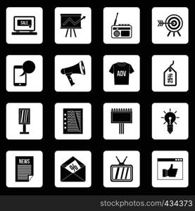 Advertisement icons set in white squares on black background simple style vector illustration. Advertisement icons set squares vector
