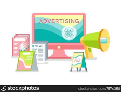 Advertisement in internet vector, ways of business promotion. Printed publications and live broadcasting with help of megaphone, laptop screen monitor. Advertising Online in Internet, Marketing Methods