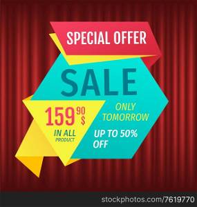 Advertisement of exclusive offer, hot discount percent and 99 dollars price, only one day. Retail sale poster, shopping icon on red, marketing symbol vector. Cheap, deal promotion, lowering of prices. Hot Price Poster, Exclusive Offer, Business Vector