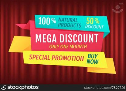Advertisement of exclusive offer, hot discount percent, only one day. Retail sale poster, shopping icon, marketing symbol. Cheap, deal promotion, lowering of prices. Red curtain theater background. Hot Price Poster, Exclusive Offer, Business Vector